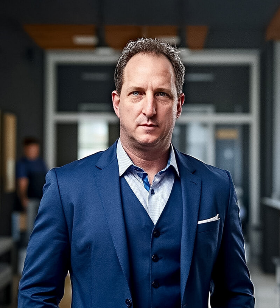 Ryan Dahlstrom, expert witness in premises liability, wearing a blue suit, standing confidently in a professional setting, emphasizing operational expertise for legal consultations.