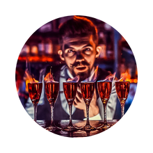 Bartender showcasing flaming cocktails in a vibrant bar setting, emphasizing alcohol service and operational expertise.