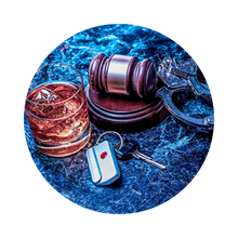 Gavel, handcuffs, whiskey glass, and car keys symbolizing legal issues in dram shop and liquor liability cases.