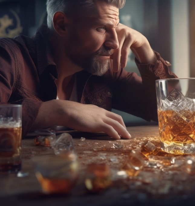 Man with a contemplative expression sitting at a bar table with a glass of whiskey, surrounded by ice and spilled drinks, illustrating the consequences of alcohol consumption relevant to dram shop litigation.