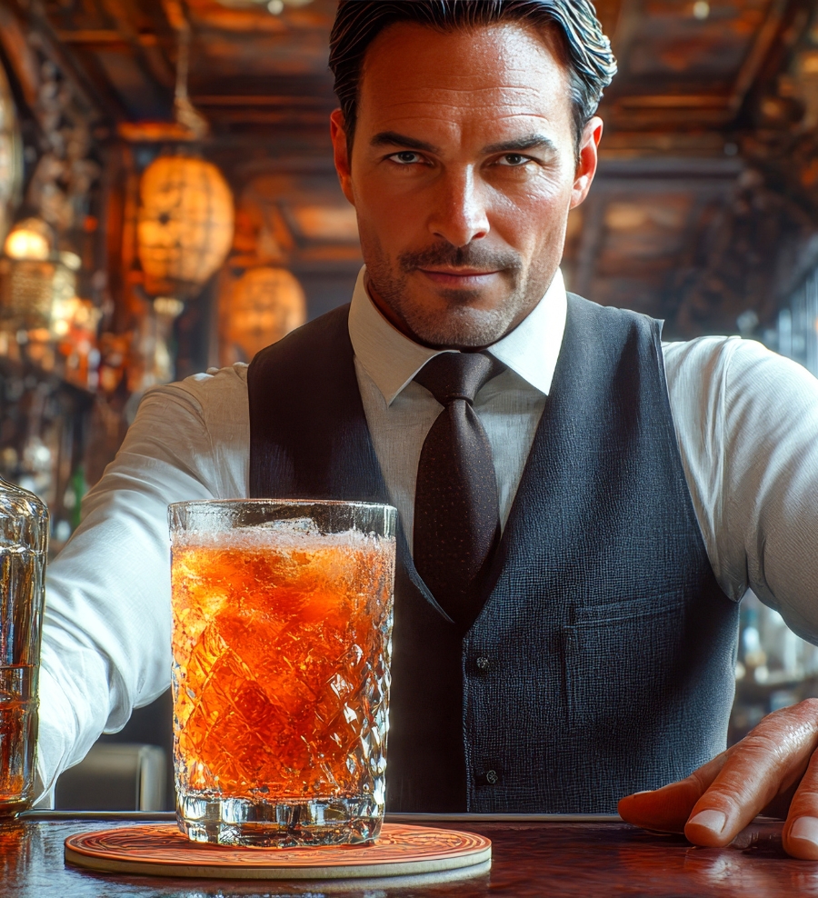 Bartender in a vest presenting a glass of cocktail, emphasizing responsible alcohol service and visible intoxication signs relevant to dram shop liability cases.