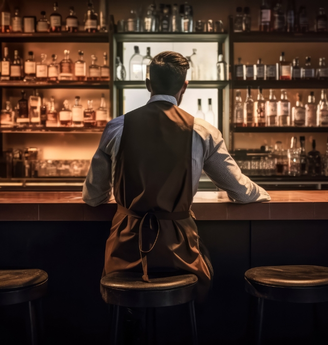 Bartender in an apron at a bar counter, surrounded by shelves of liquor bottles, representing alcohol service practices relevant to dram shop liability analysis.