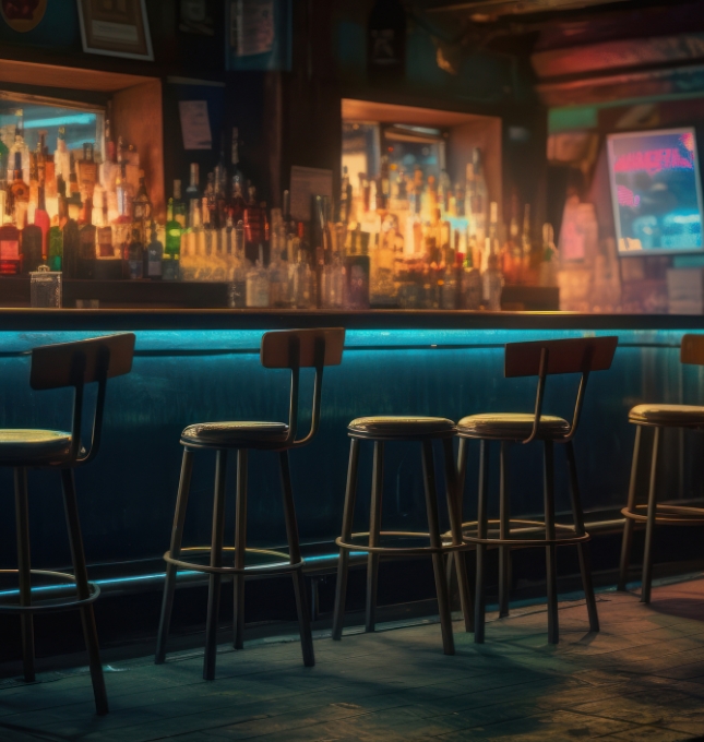 Bar interior with empty stools, illuminated counter, and shelves of liquor bottles, representing responsible alcohol service and dram shop liability reduction strategies.