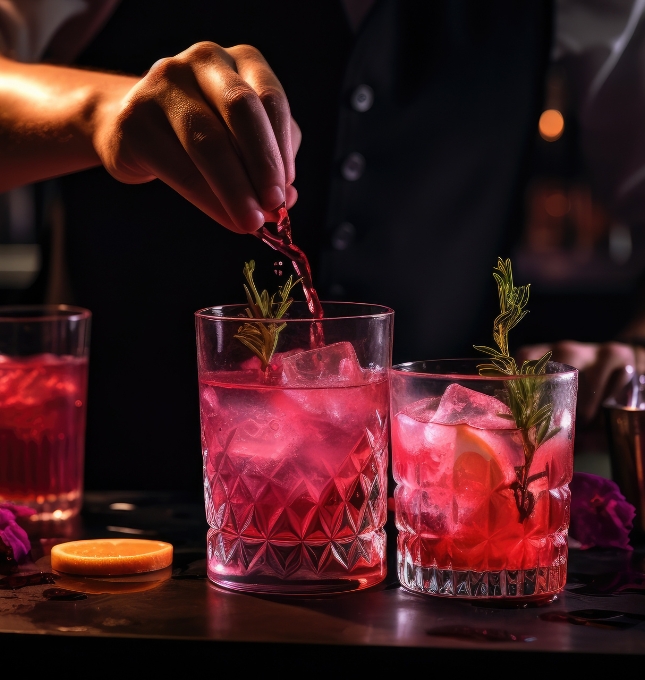 Bartender preparing colorful cocktails with garnishes, showcasing responsible alcohol service in a bar setting, relevant to dram shop litigation and expert witness roles.