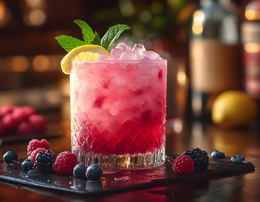 Colorful cocktail with raspberries, blueberries, and mint garnish, representing bar operations and alcohol service in a hospitality context.