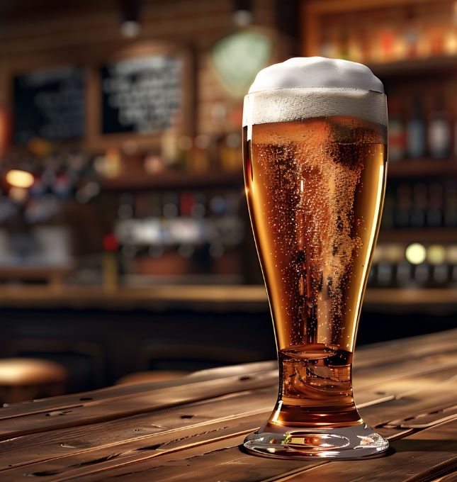 Glass of beer with foam on a wooden bar, representing alcohol service and responsible consumption in a bar setting.