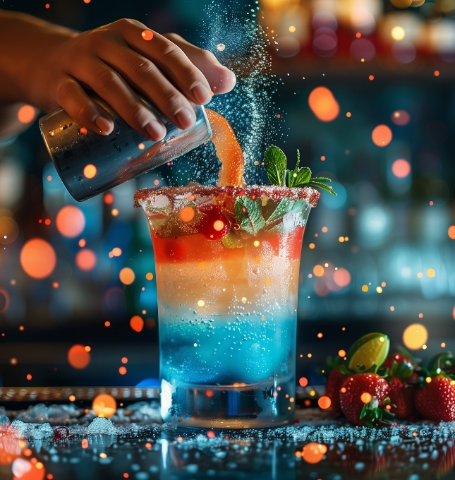 Colorful cocktail being prepared with vibrant layers of blue, orange, and red, garnished with mint and strawberries, emphasizing alcohol service in a bar setting.