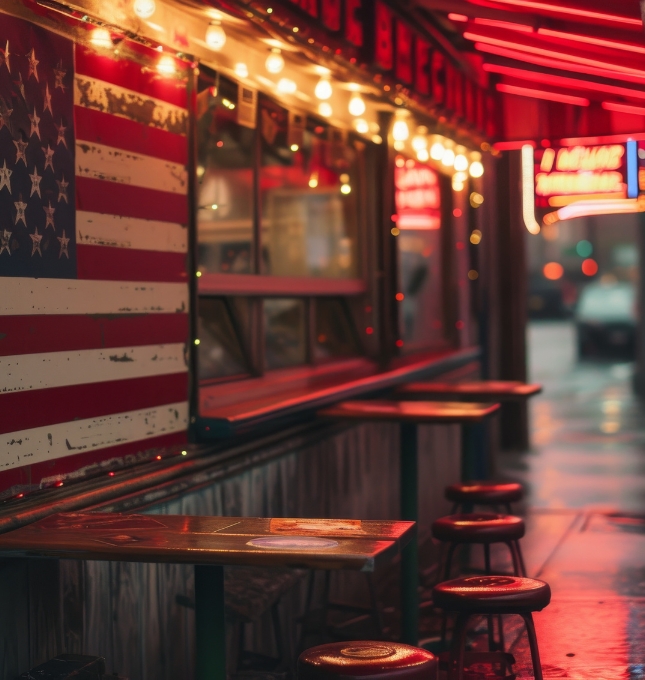 Outdoor bar area with American flag mural, illuminated by warm string lights and red neon signage, reflecting a vibrant atmosphere associated with alcohol service and hospitality operations.