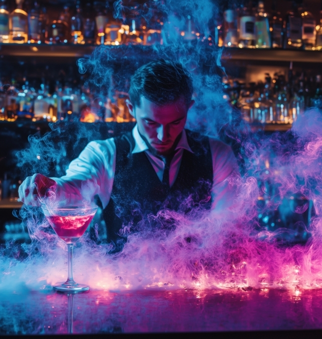 Bartender preparing cocktail with smoke effects in a vibrant bar setting, highlighting responsible alcohol service and hospitality expertise.