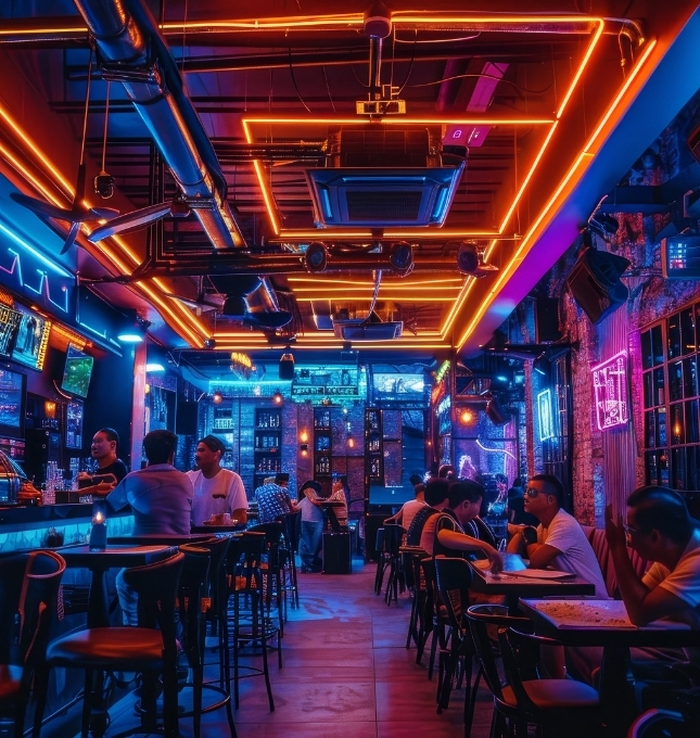 Vibrant bar interior with neon lighting, patrons socializing, and a focus on responsible alcohol service in a hospitality setting, relevant to dram shop law discussions.