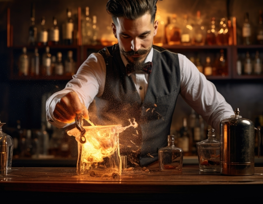 Bartender demonstrating cocktail preparation with flames, showcasing responsible alcohol service practices relevant to dram shop expert witness testimony.