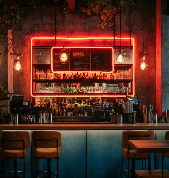 Bar interior with illuminated menu board, shelves stocked with liquor bottles, and seating, illustrating a setting relevant to dram shop law and responsible alcohol service.
