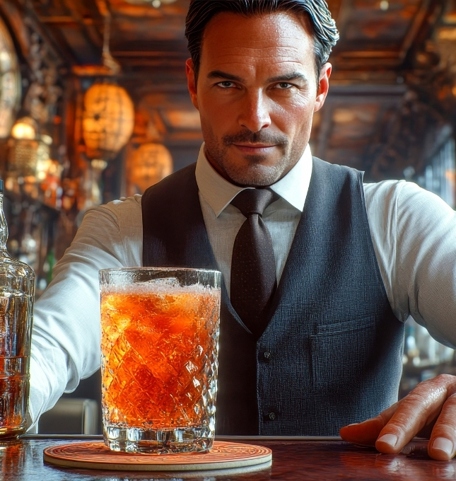 Man in a vest and tie presenting a glass of whiskey on the bar, symbolizing the role of dram shop expert witnesses in alcohol liability cases.