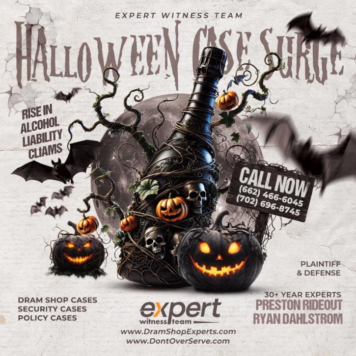 Halloween-themed graphic featuring a spooky bottle entwined with vines, pumpkins, and skulls, emphasizing the rise in alcohol liability claims, with contact information for an expert witness team.