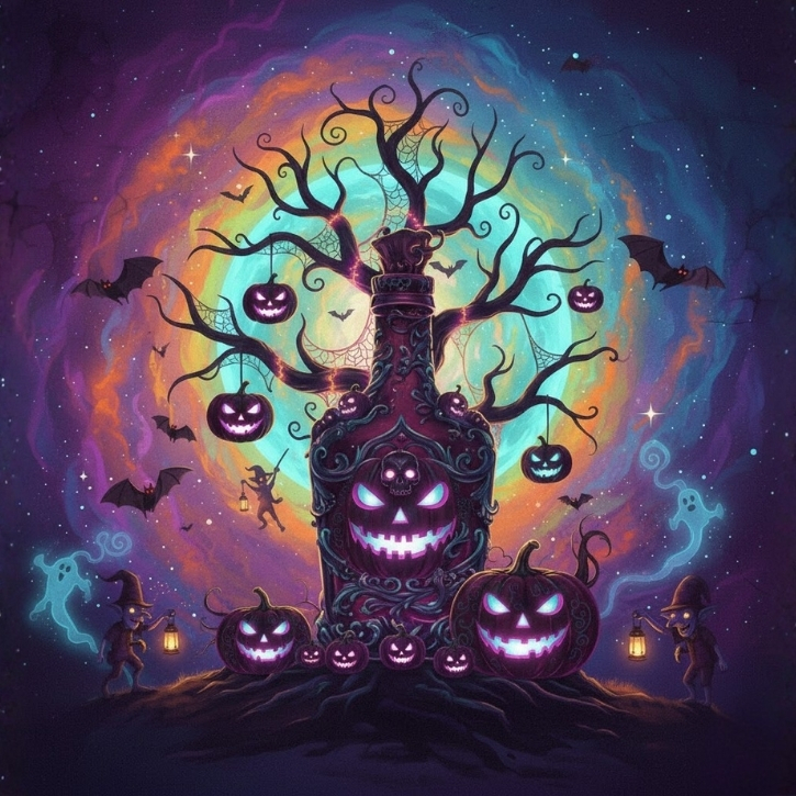 Halloween-themed illustration featuring a spooky tree with carved pumpkins, a decorative bottle, bats, and whimsical characters, emphasizing festive and safety themes related to alcohol management during Halloween celebrations.