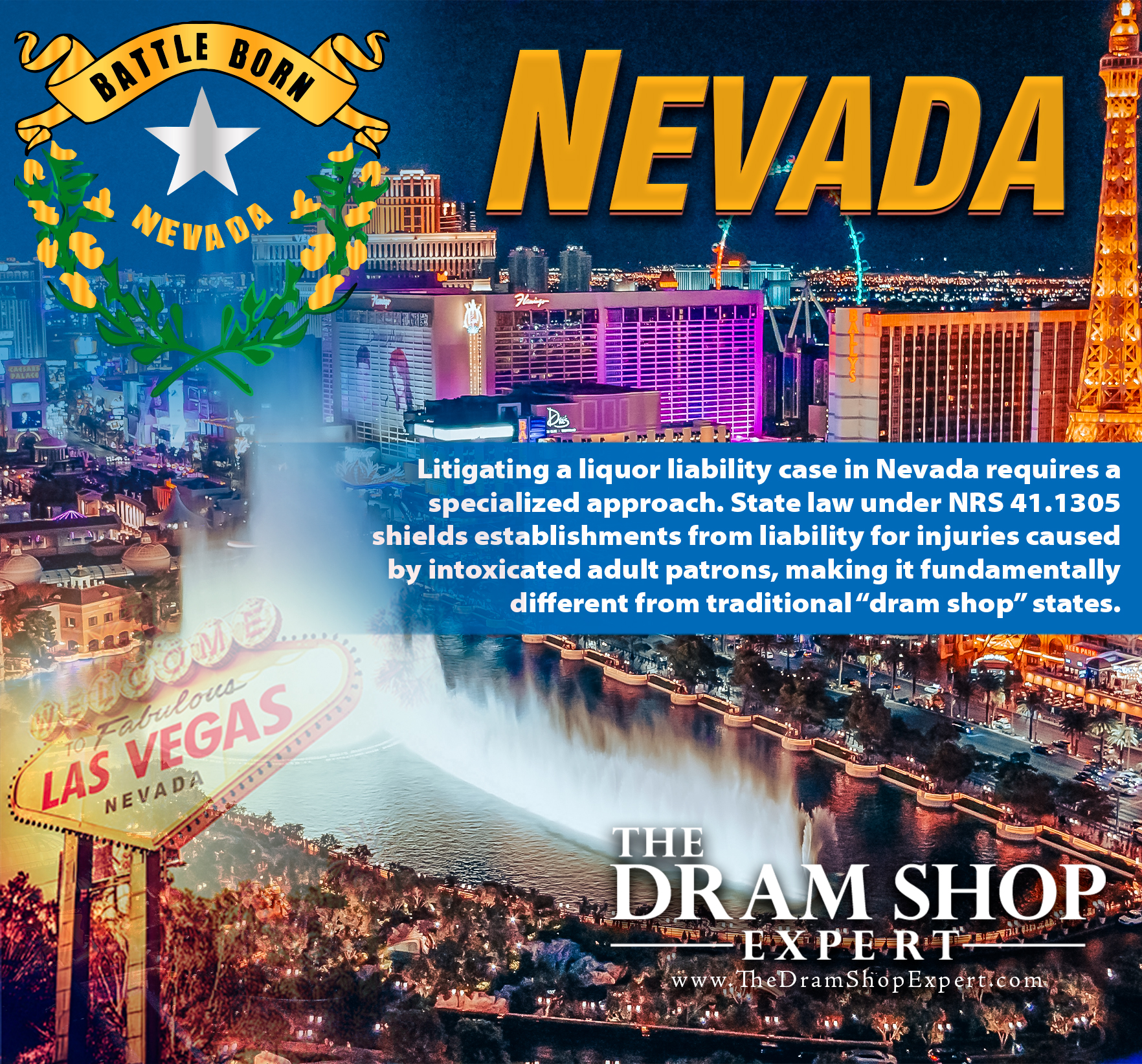 Nevada state outline with "Battle Born" emblem, Las Vegas skyline featuring the "Welcome to Fabulous Las Vegas" sign, and text about liquor liability laws under NRS 41.1305 from The Dram Shop Expert.